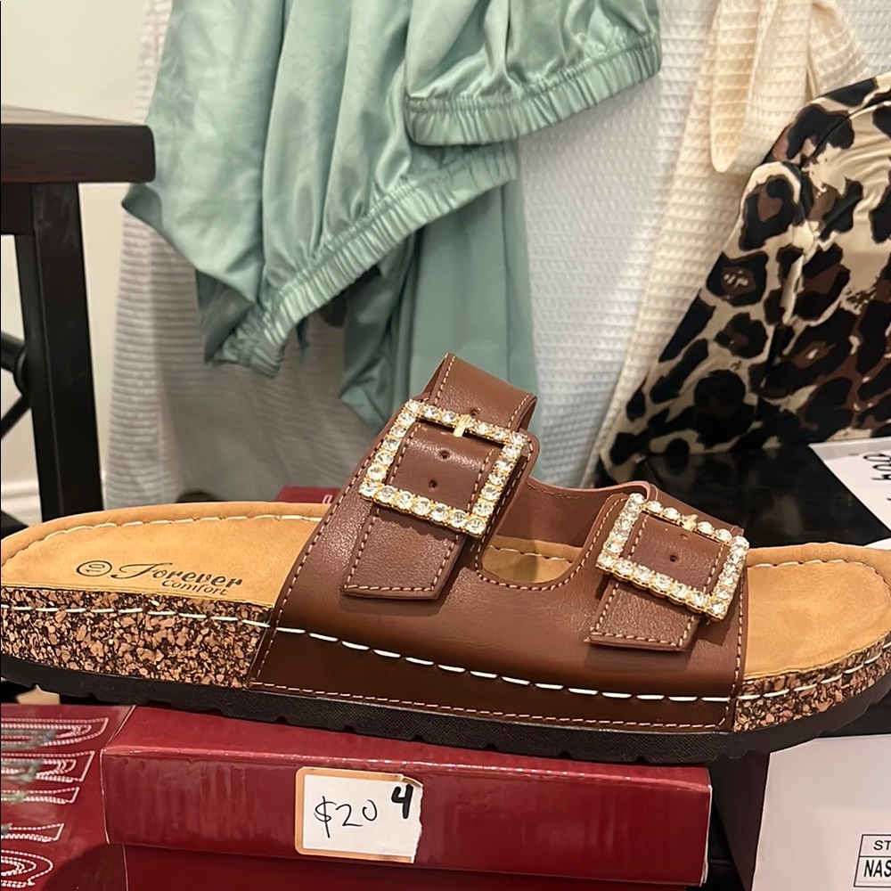 Brown Sandals with Rhinestone Buckles